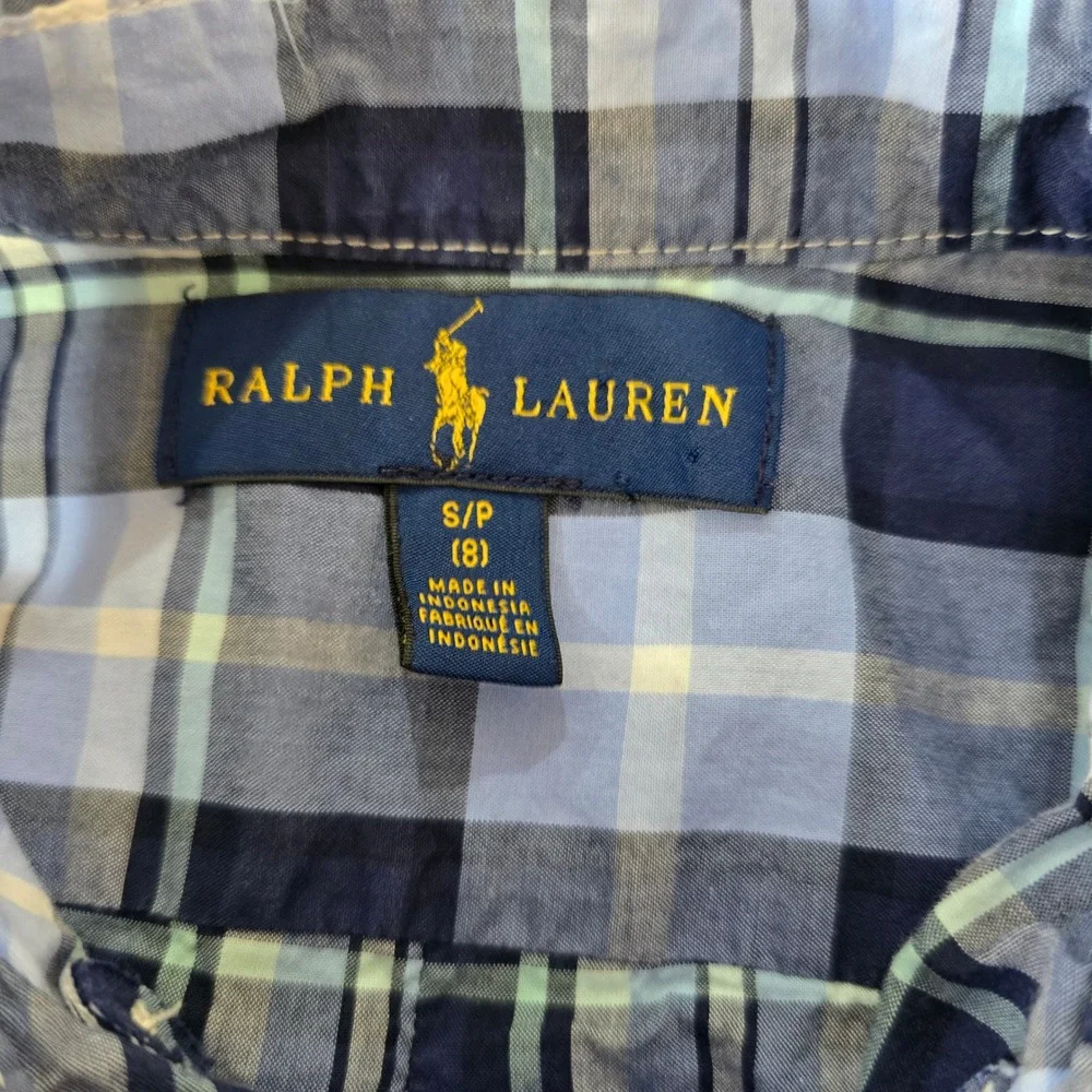 Ralph Lauren Plaid Button Down Shirt Boys Long Sleeve Blue Size 8 S/P
